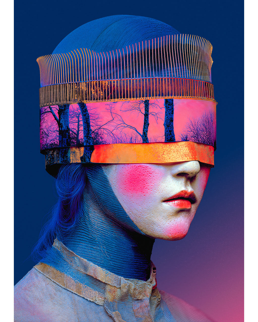 Surreal portrait of a woman with a glowing forest horizon replacing her eyes