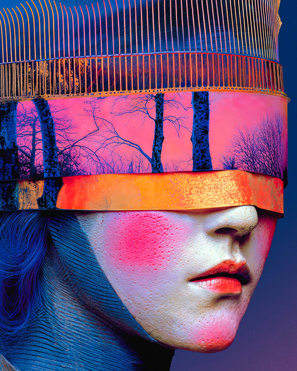 Closeup of the forest horizon band across the woman’s eyes in Lost Horizon poster