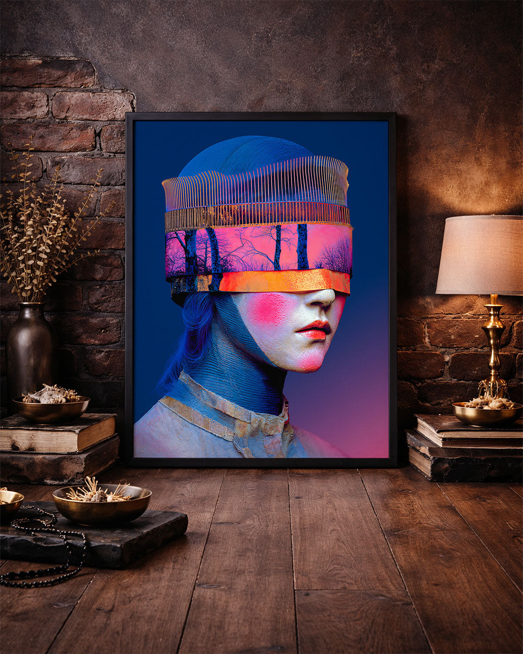 Lost Horizon poster in a black frame leaning against a brick wall in a moody interior