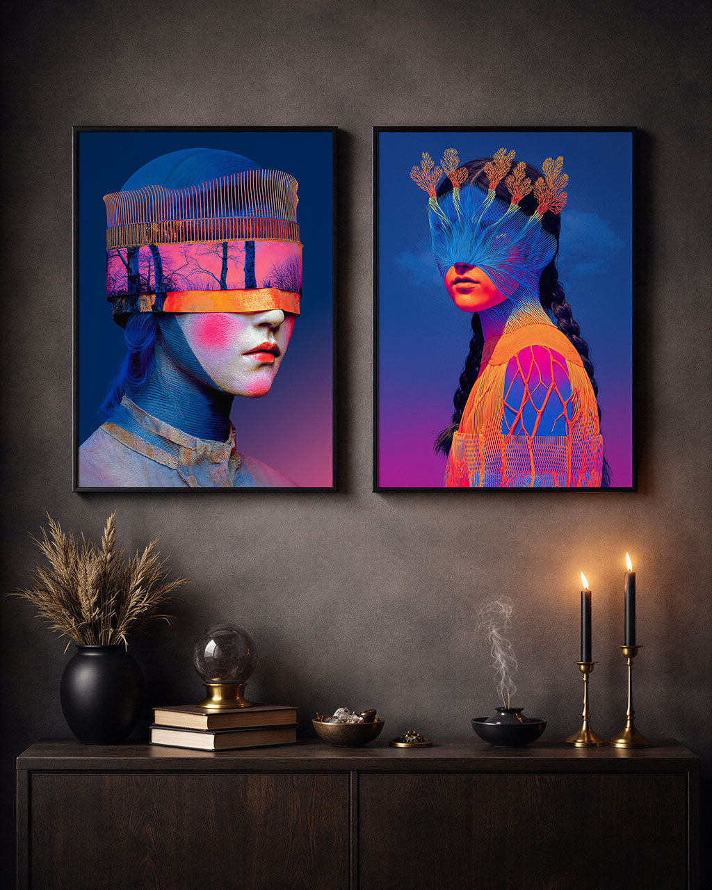 Two framed surreal portrait posters hanging above a dark wooden cabinet with candles and decor