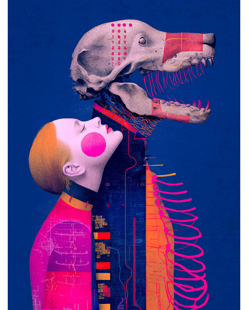 A surreal art poster featuring a woman facing a skeletal creature in vivid blue, pink and orange tones.