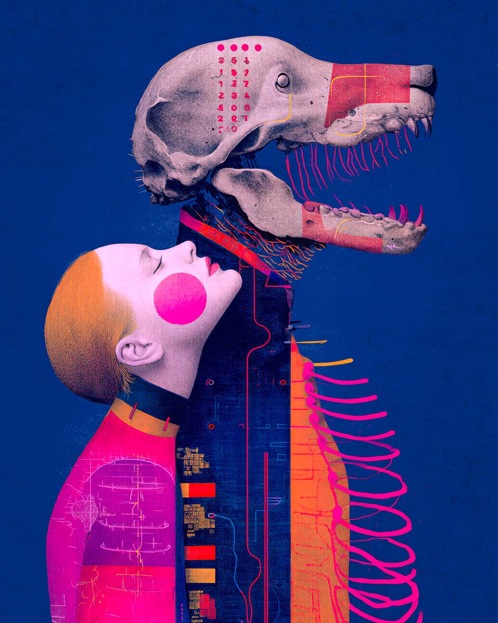 A surreal art poster featuring a woman facing a skeletal creature in vivid blue, pink and orange tones.