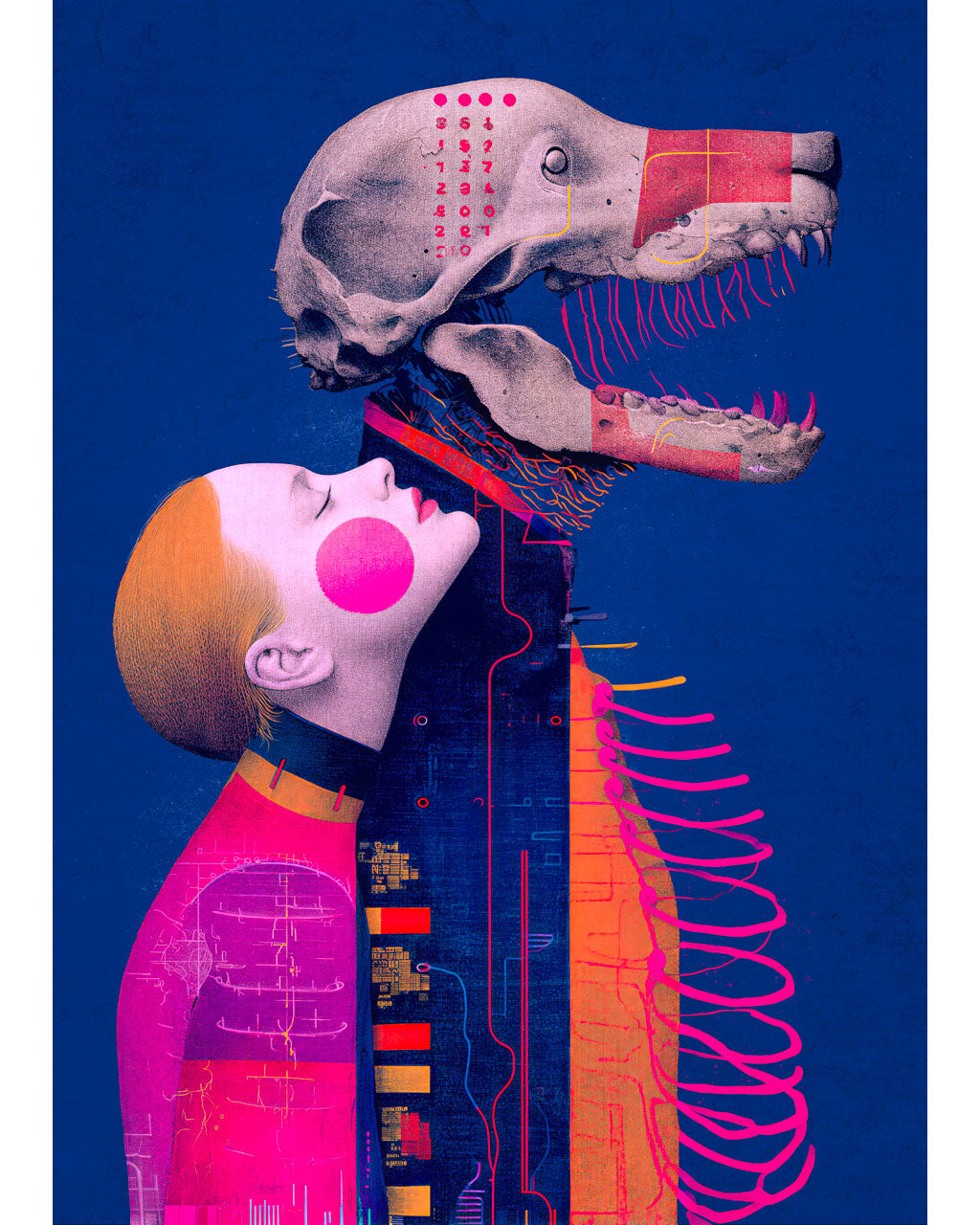 A surreal art poster featuring a woman facing a skeletal creature in vivid blue, pink and orange tones.