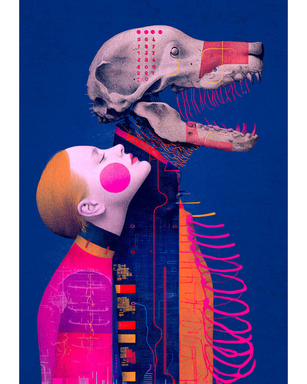 A surreal art poster featuring a woman facing a skeletal creature in vivid blue, pink and orange tones.