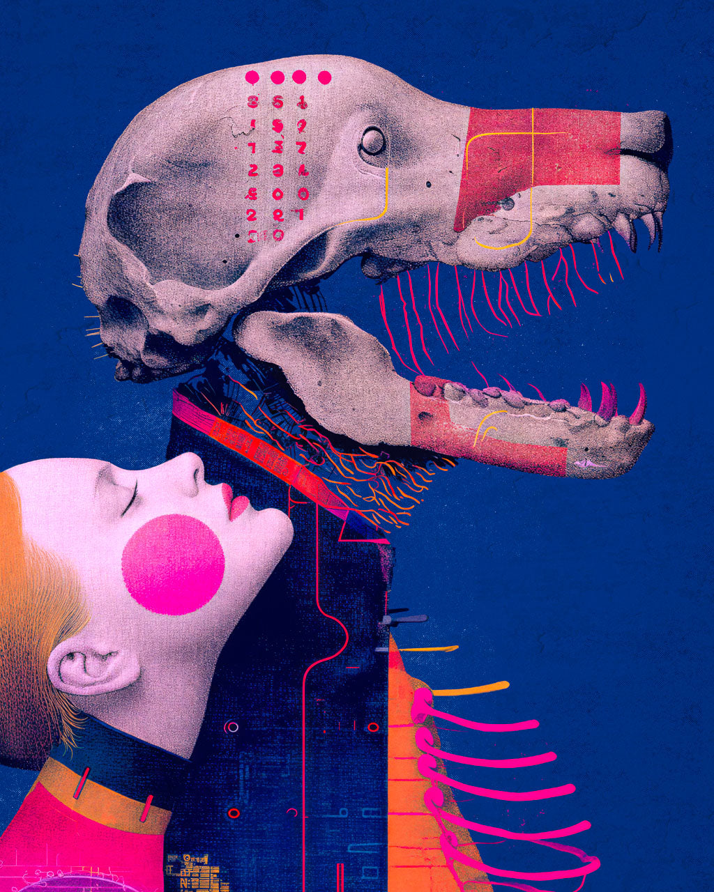 Close-up of Loving the Dead artwork showing a woman beneath a large skeletal creature.