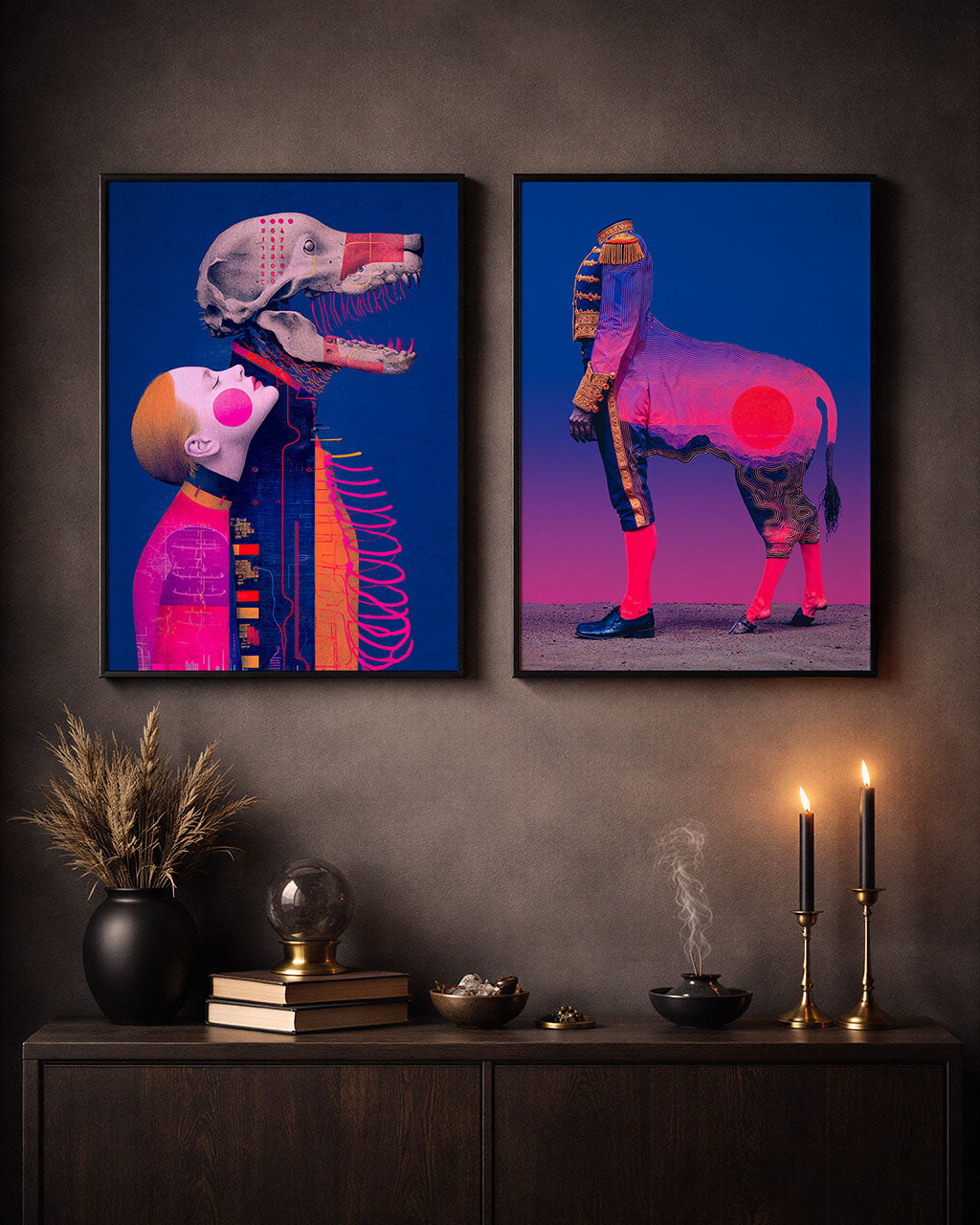 Loving the Dead displayed beside another surreal art poster in a dark atmospheric interior.