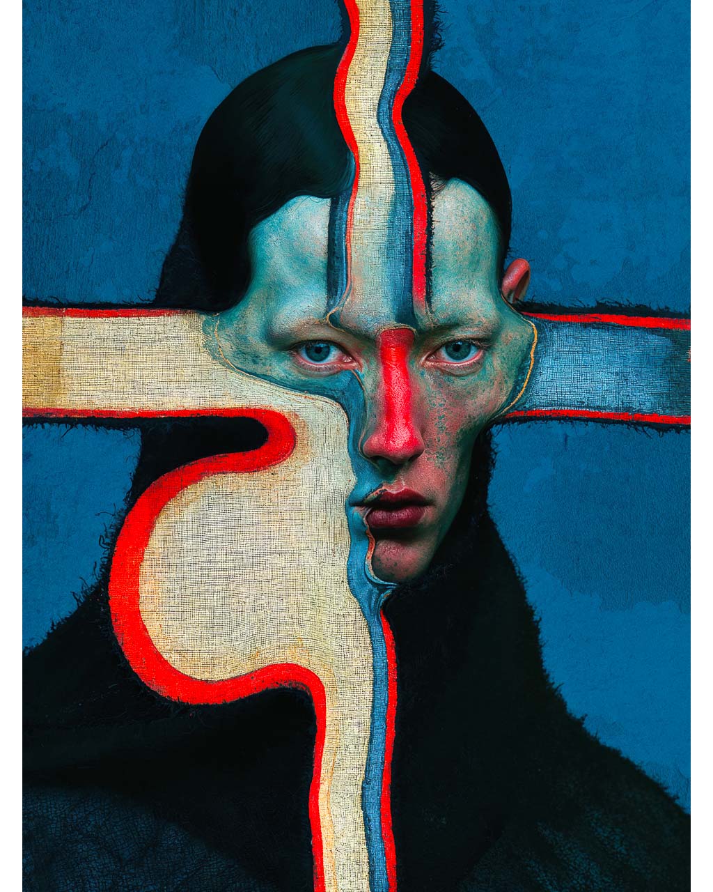 Surreal portrait art print with distorted face, abstract geometric forms and vivid blue and red details.