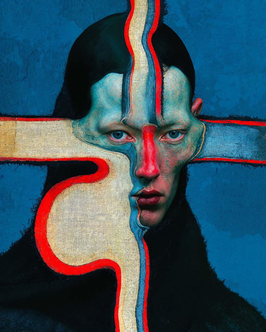 Surreal portrait art print with distorted face, abstract geometric forms and vivid blue and red details.