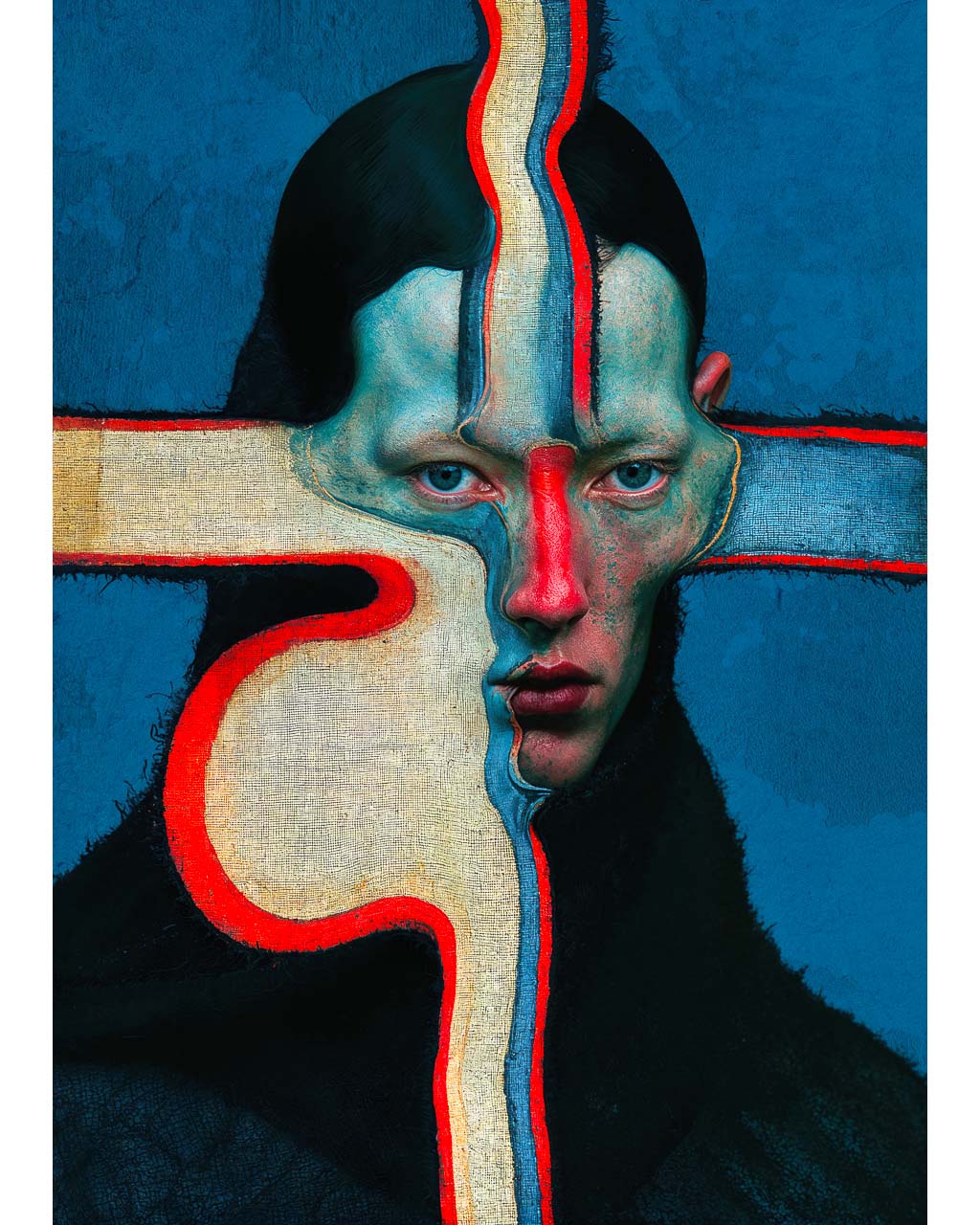 Surreal portrait art print with distorted face, abstract geometric forms and vivid blue and red details.