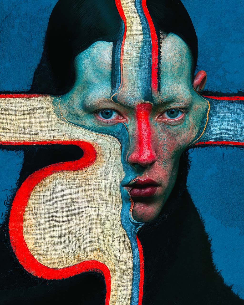 Close-up of Malfunction showing textured details, distorted portraiture and red, blue and cream abstract forms.