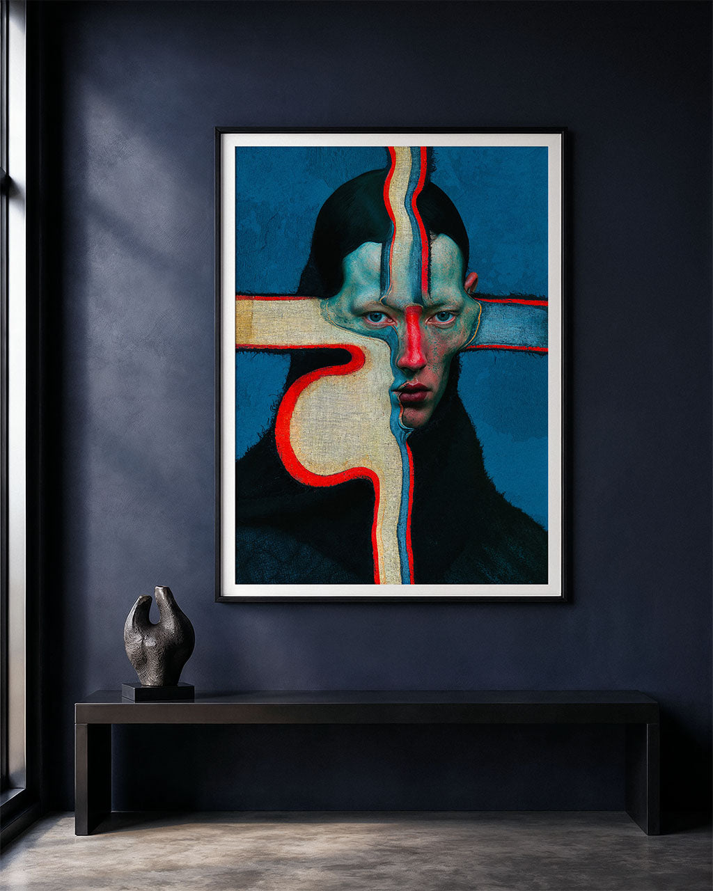 Framed Malfunction surreal portrait art print displayed in a dark minimalist interior.