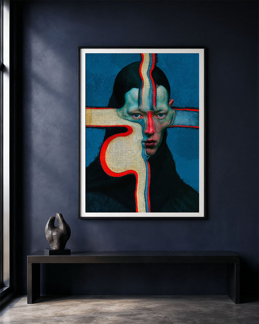 Framed Malfunction surreal portrait art print displayed in a dark minimalist interior.