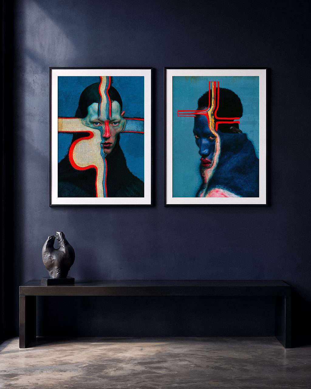 Malfunction and Misprint surreal portrait art prints displayed together in a dark contemporary interior.