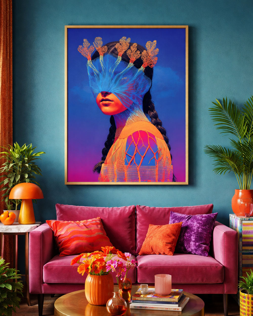 Surreal portrait of a woman with her eyes covered by blue linear patterns and coral-like branches growing from her head against a deep blue background.