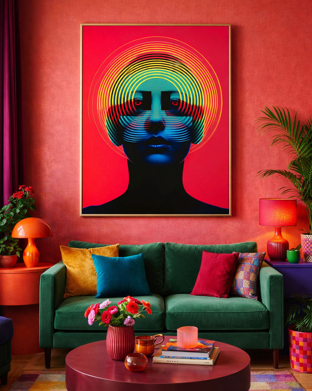 A stylized artistic poster featuring a person with a colorful, circular pattern around their head against a red background.