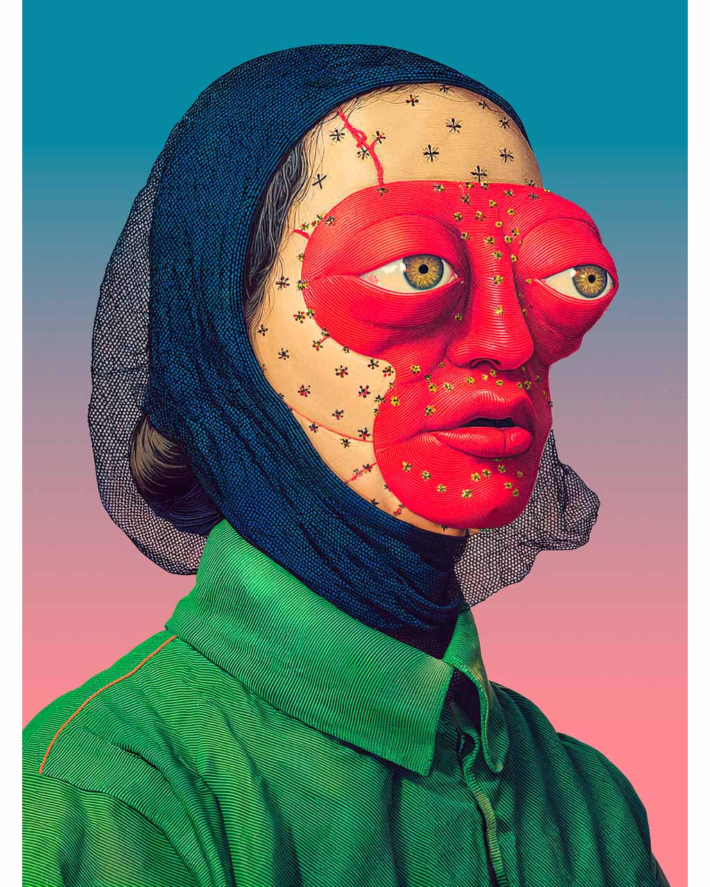 Surreal portrait with a stitched red mask, large expressive eyes and intricate details.