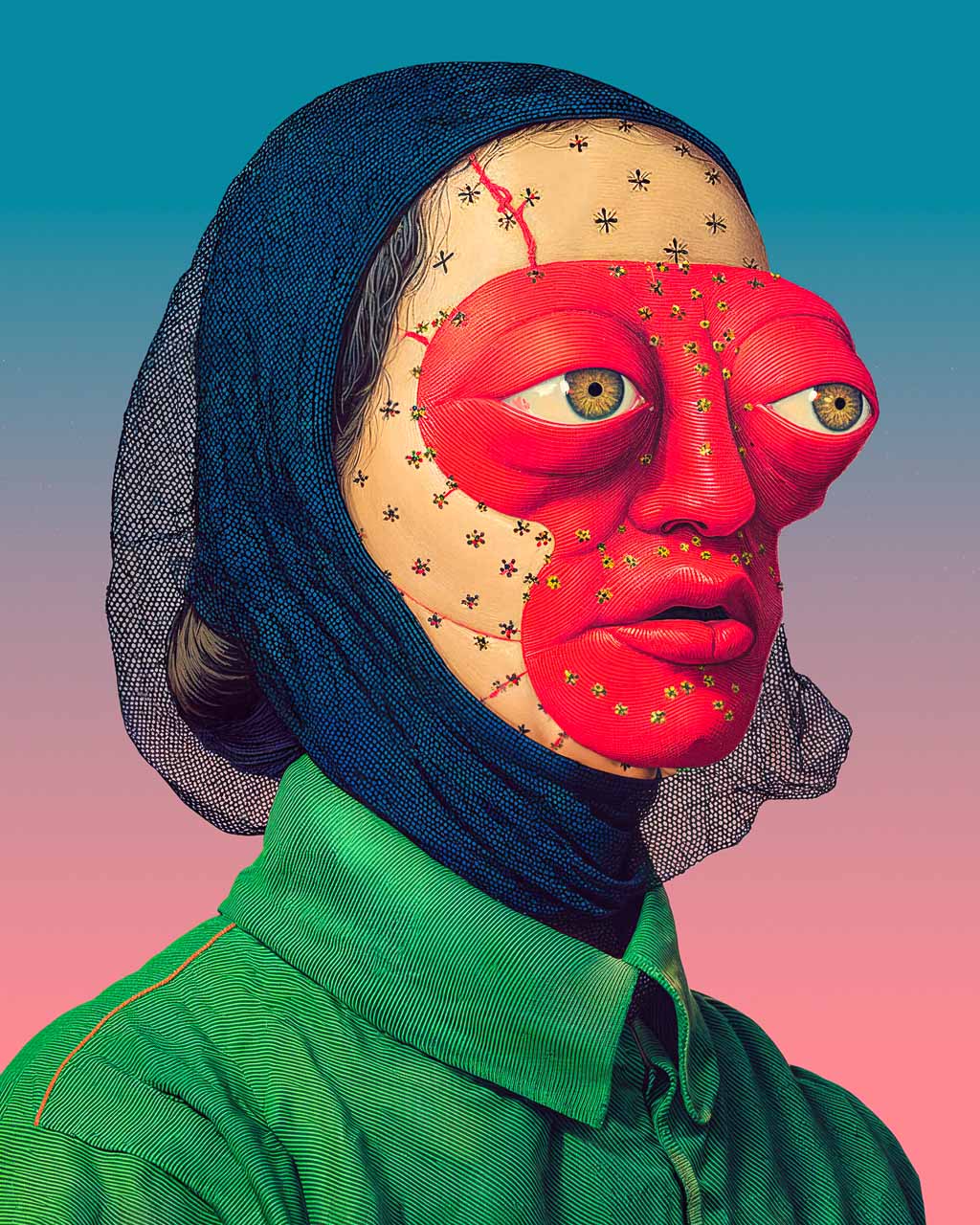 Surreal portrait with a stitched red mask, large expressive eyes and intricate details.