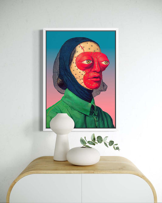 Framed artwork of a person with a stitched red mask, large expressive eyes and intricate details.