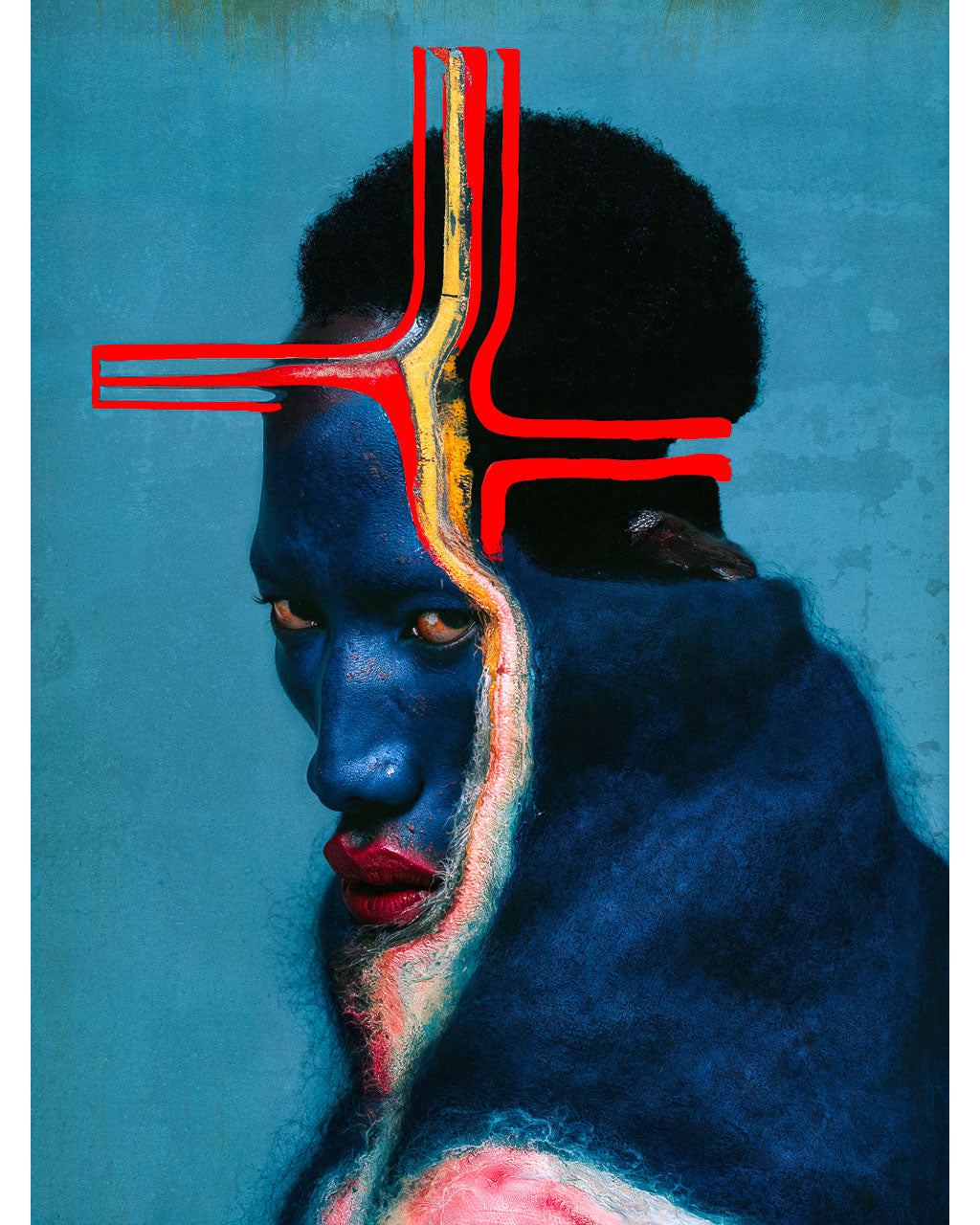 A surreal portrait art print featuring a distorted blue figure with bold red geometric lines on a textured blue background.