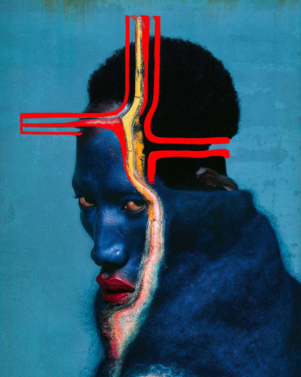 A surreal portrait art print featuring a distorted blue figure with bold red geometric lines on a textured blue background.