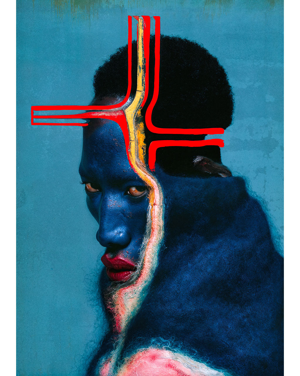 A surreal portrait art print featuring a distorted blue figure with bold red geometric lines on a textured blue background.