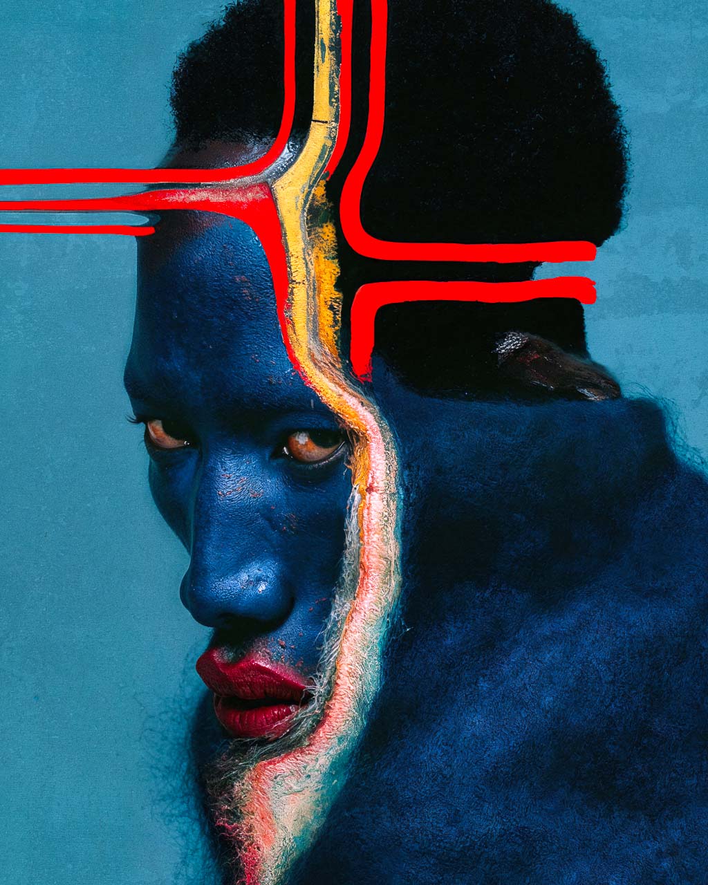 Close-up of Misprint showing the blue portrait, vivid red linework and textured details of the artwork.