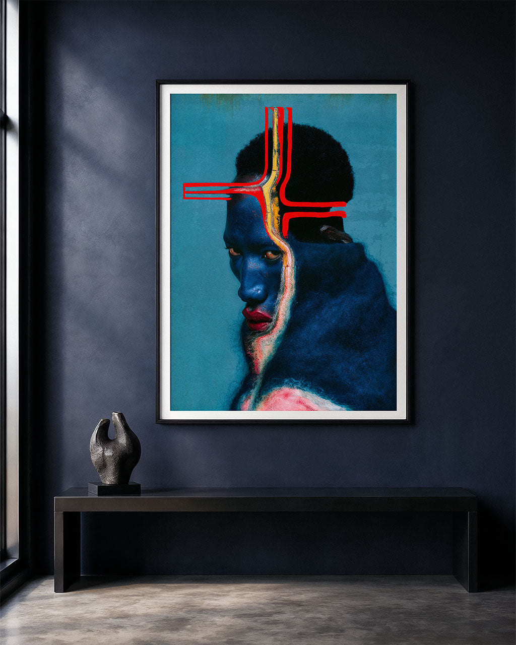 : Framed Misprint surreal portrait art print displayed in a dark minimalist interior.