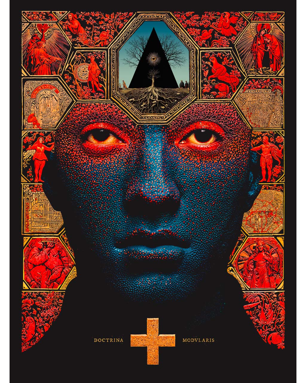 Surreal portrait of a blue face framed by red and gold symbolic panels, with a black triangle and tree above the forehead and a cross below.