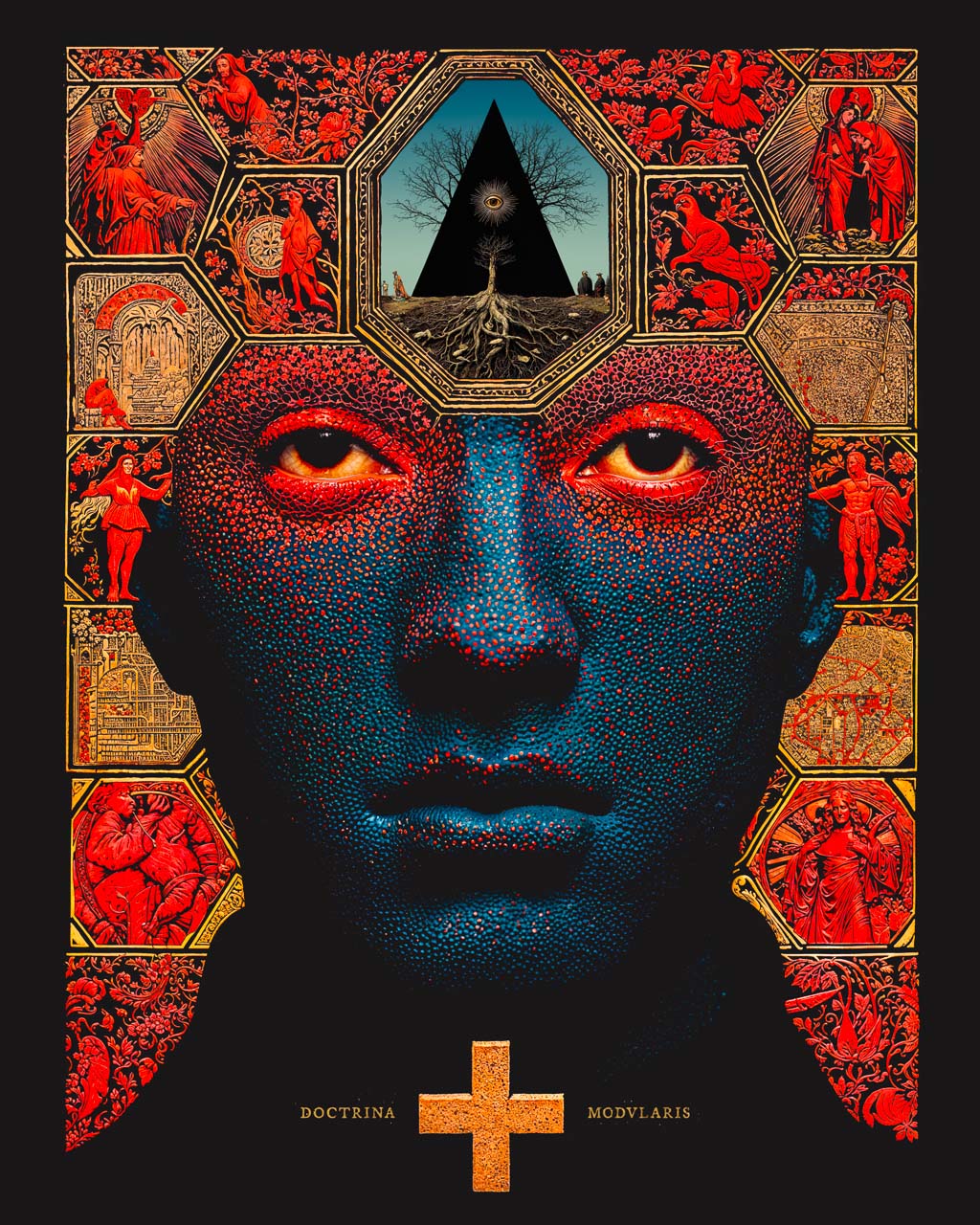 Surreal portrait of a blue face framed by red and gold symbolic panels, with a black triangle and tree above the forehead and a cross below.