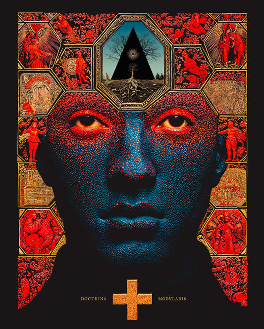 Surreal portrait of a blue face framed by red and gold symbolic panels, with a black triangle and tree above the forehead and a cross below.