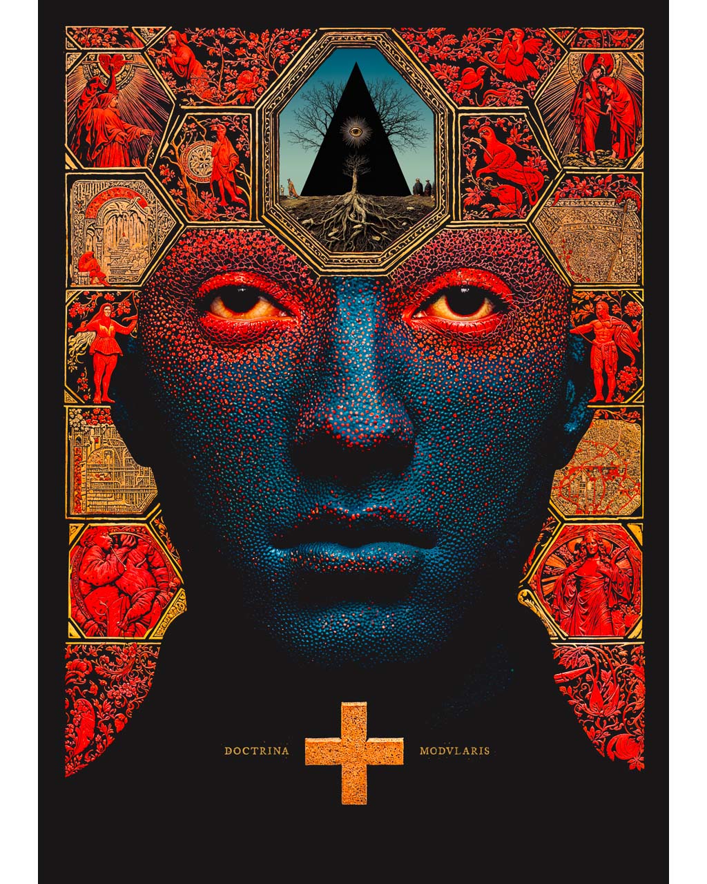 Surreal portrait of a blue face framed by red and gold symbolic panels, with a black triangle and tree above the forehead and a cross below.