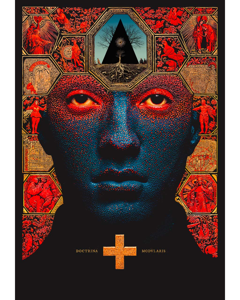 Surreal portrait of a blue face framed by red and gold symbolic panels, with a black triangle and tree above the forehead and a cross below.