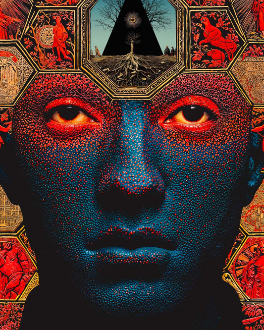 Close-up of the face from Modular Doctrine, showing red-rimmed eyes, blue textured skin and the black triangle with tree above the forehead.
