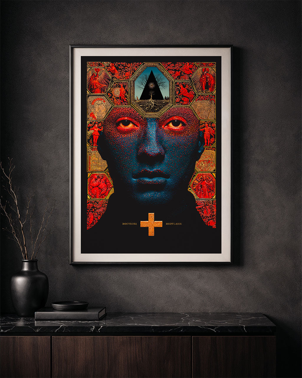 Framed Modular Doctrine poster hanging on a dark wall above a wooden cabinet in a moody interior.