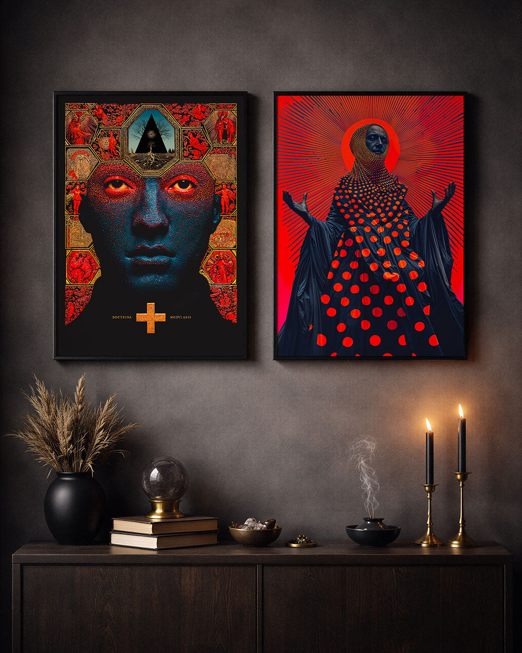 Two framed posters hanging side by side above a dark wooden cabinet in a moody interior, with Modular Doctrine on the left and Revelation on the right.