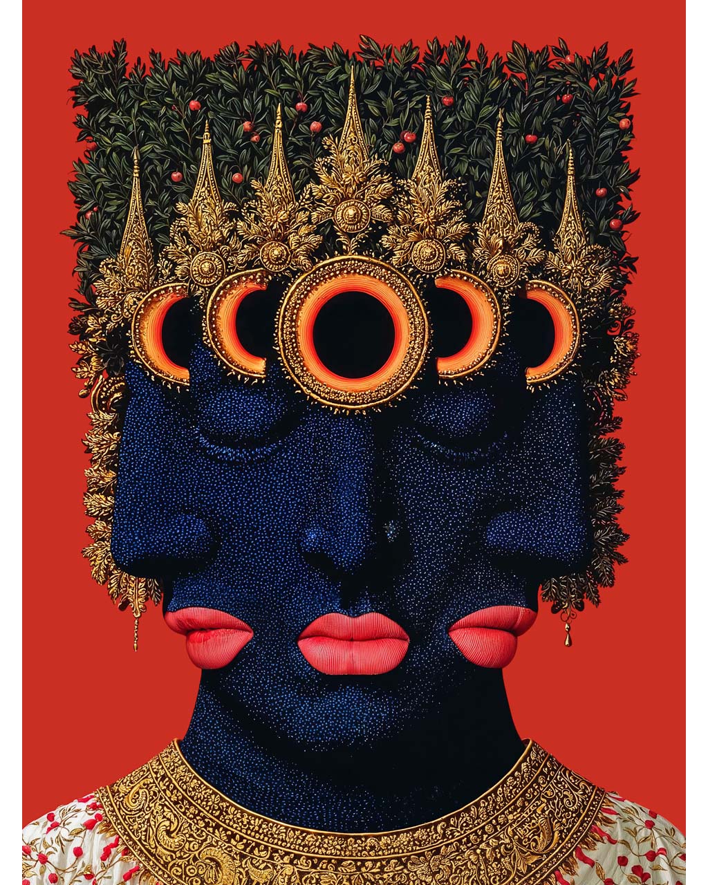 Surreal portrait of a dark blue three-faced figure with closed eyes, red lips and ornate gold eclipse headpiece against a red background.