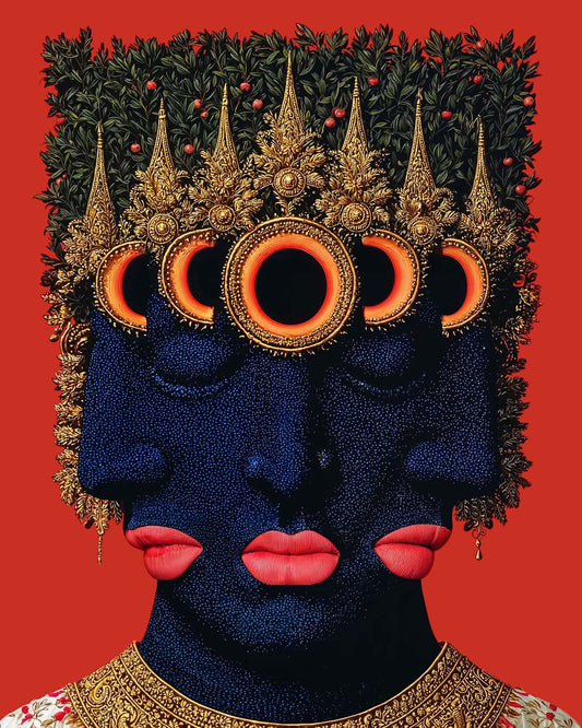 Surreal portrait of a dark blue three-faced figure with closed eyes, red lips and ornate gold eclipse headpiece against a red background.
