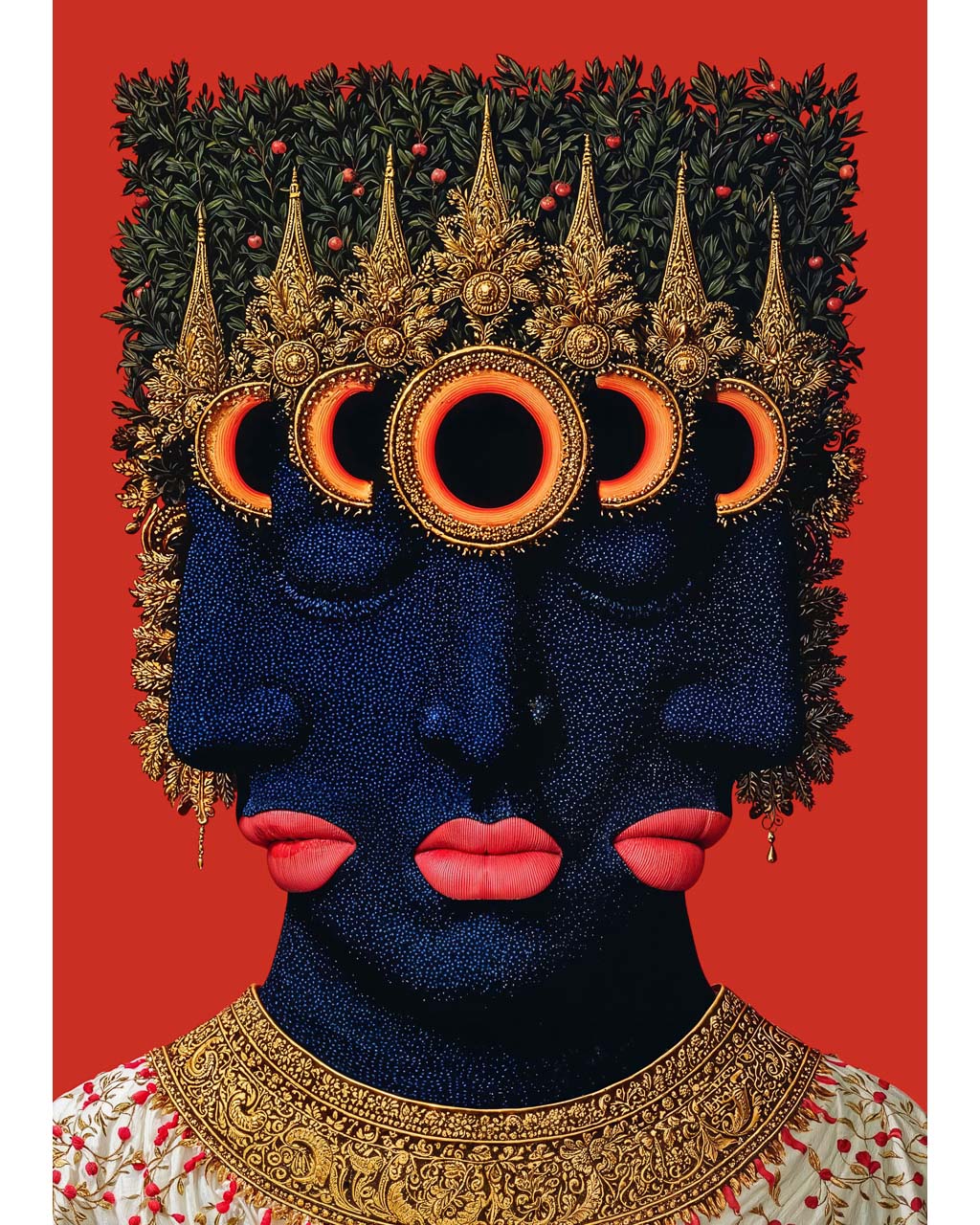 Surreal portrait of a dark blue three-faced figure with closed eyes, red lips and ornate gold eclipse headpiece against a red background.