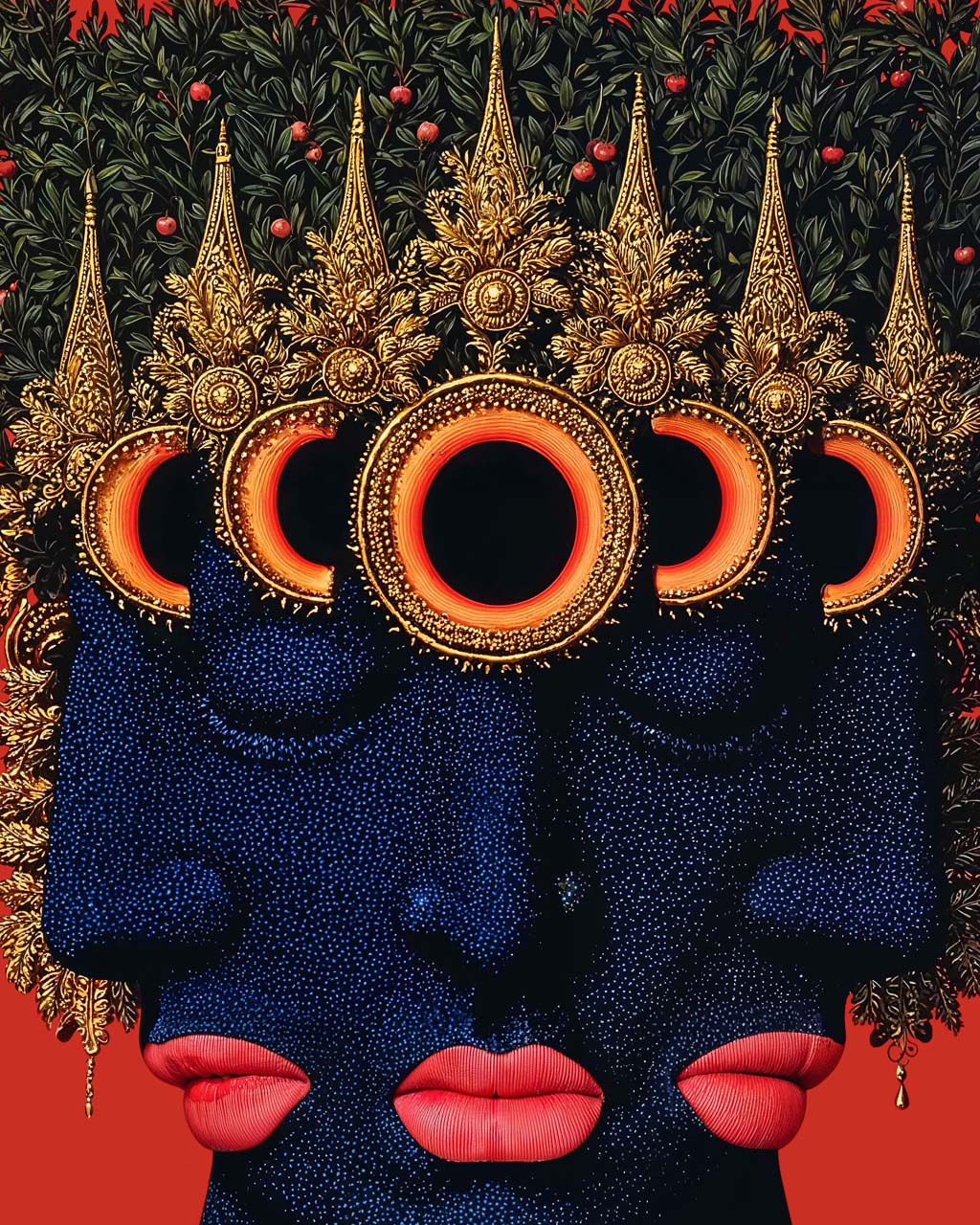 Close crop of the upper part of the figure showing the three faces, gold headpiece, eclipse forms and dark foliage against a red background.