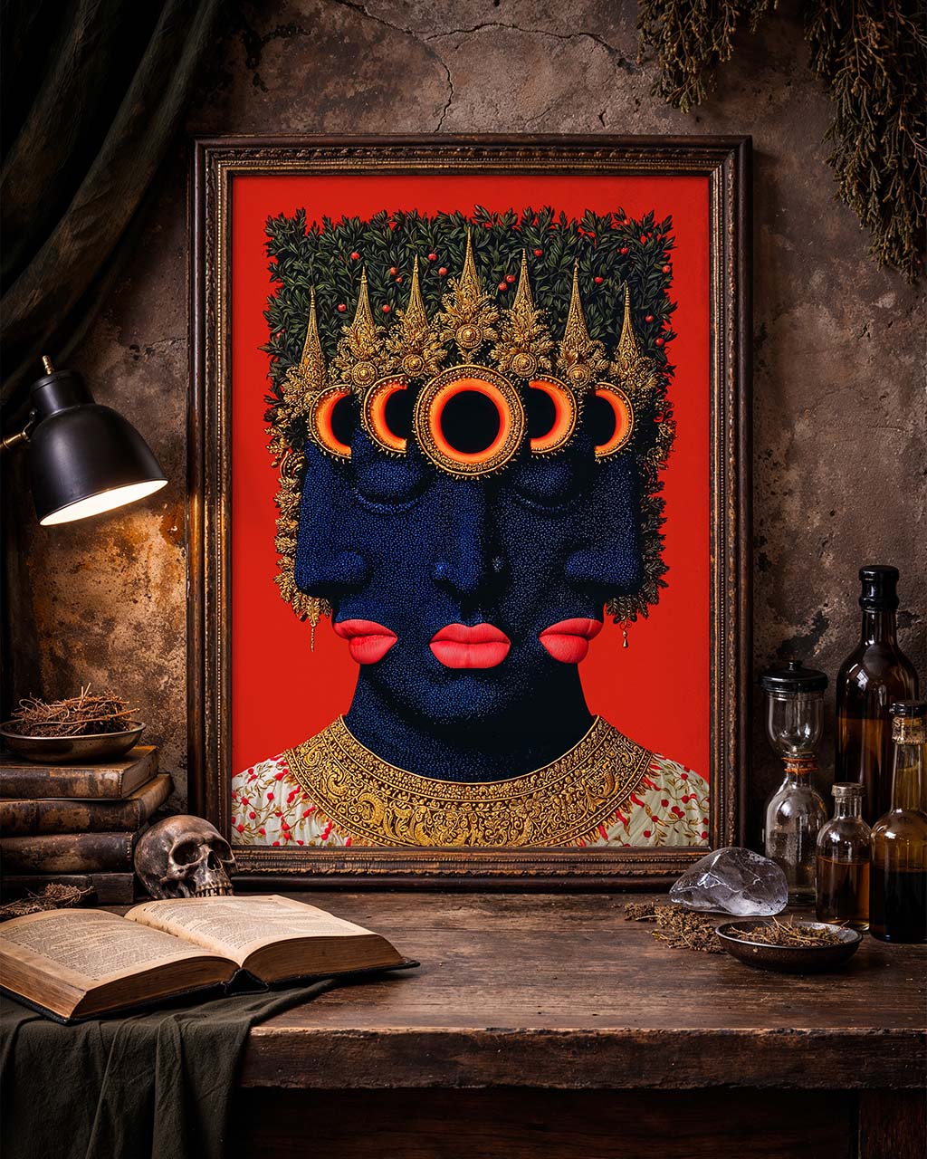 Framed artwork of a stylized face with gold accents on a red background, placed on a rustic wooden table.