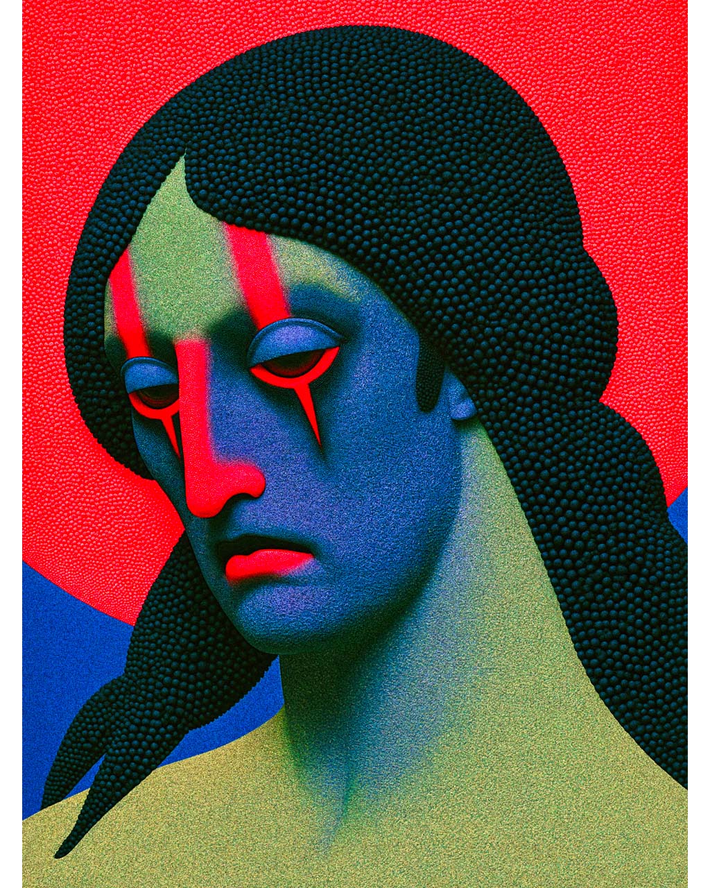 Nothing Happened surreal portrait art print featuring a woman with a blue and green face, downcast eyes, red facial markings and textured black hair against a vivid red background.