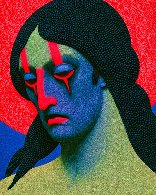 Nothing Happened surreal portrait art print featuring a woman with a blue and green face, downcast eyes, red facial markings and textured black hair against a vivid red background.