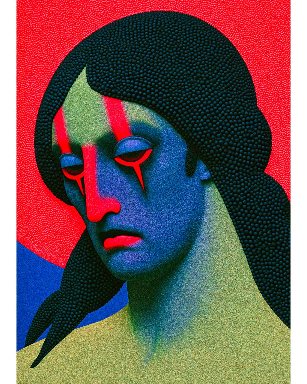 Nothing Happened surreal portrait art print featuring a woman with a blue and green face, downcast eyes, red facial markings and textured black hair against a vivid red background.