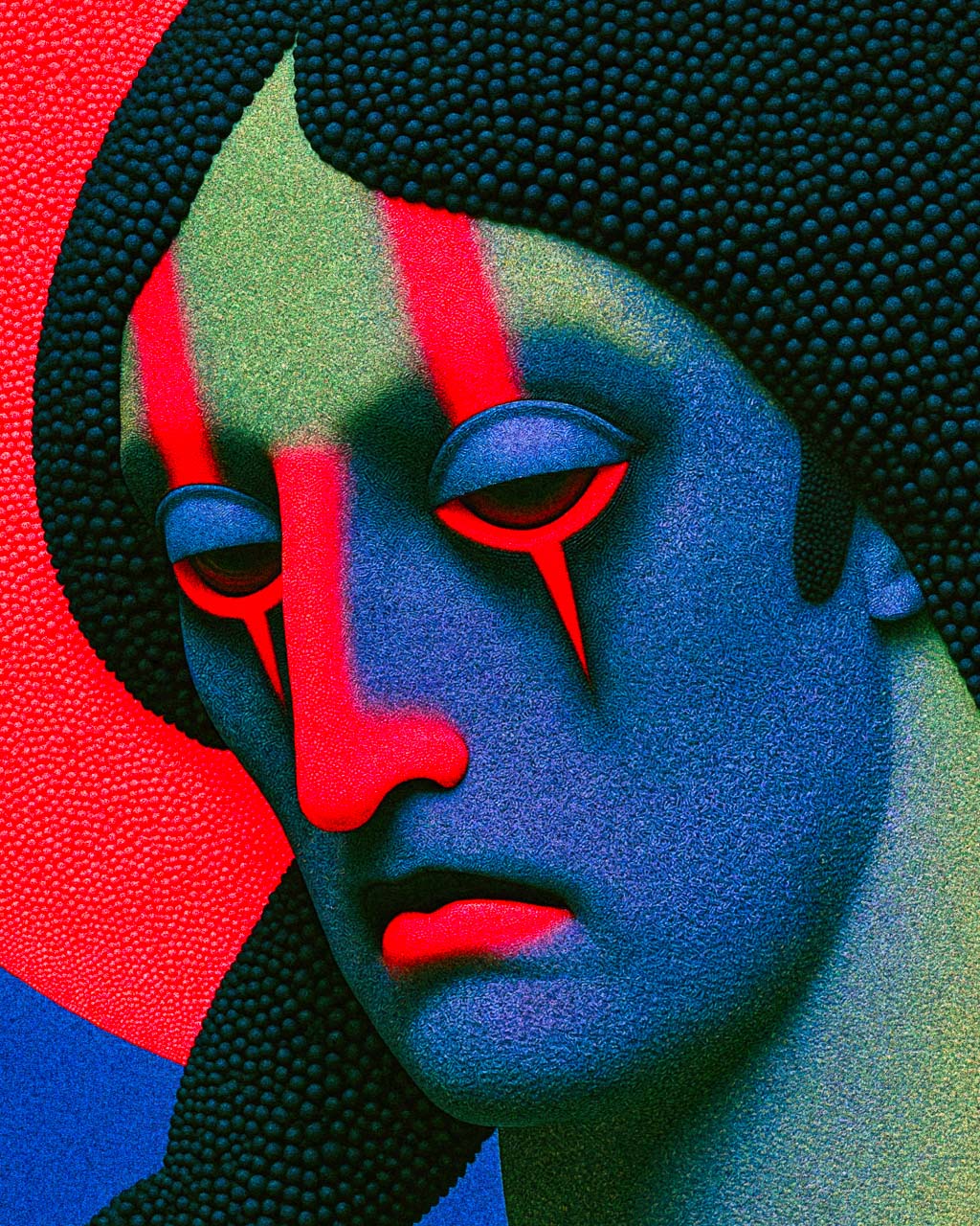 Close-up of Nothing Happened art print showing the woman's downcast eyes, red tear-like markings, textured blue skin and intricate black beaded hair.