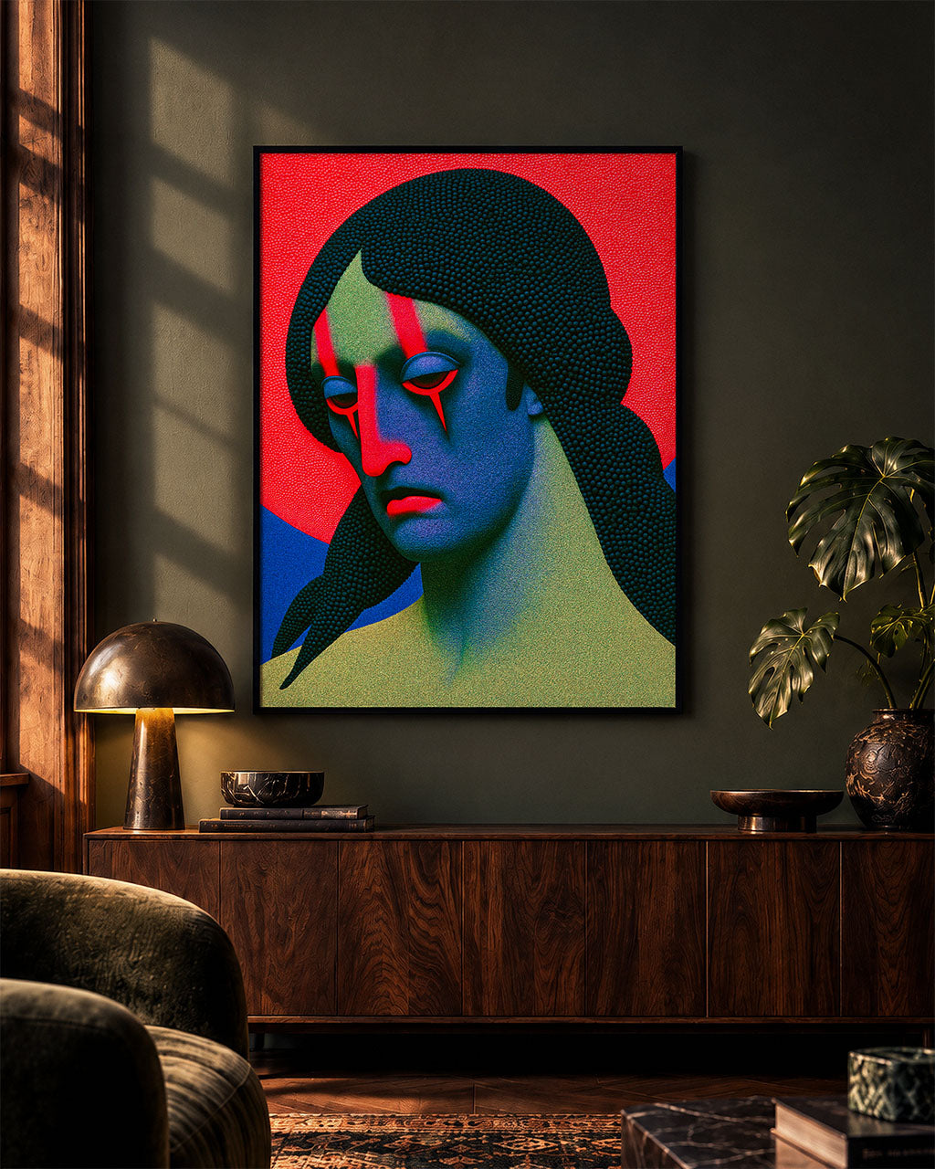 Large Nothing Happened art print displayed in a black frame above a wooden sideboard in a moody interior with dark olive walls, warm lighting and vintage-inspired furniture.