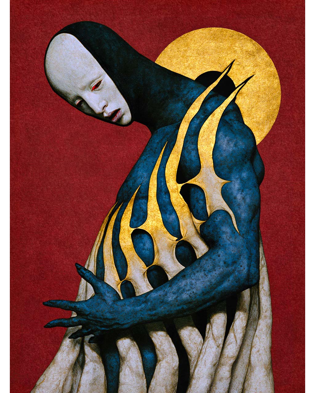 Numina – surreal art print featuring a pale-faced figure with a dark blue body, elaborate golden anatomical structures and a circular gold halo against a textured red background.