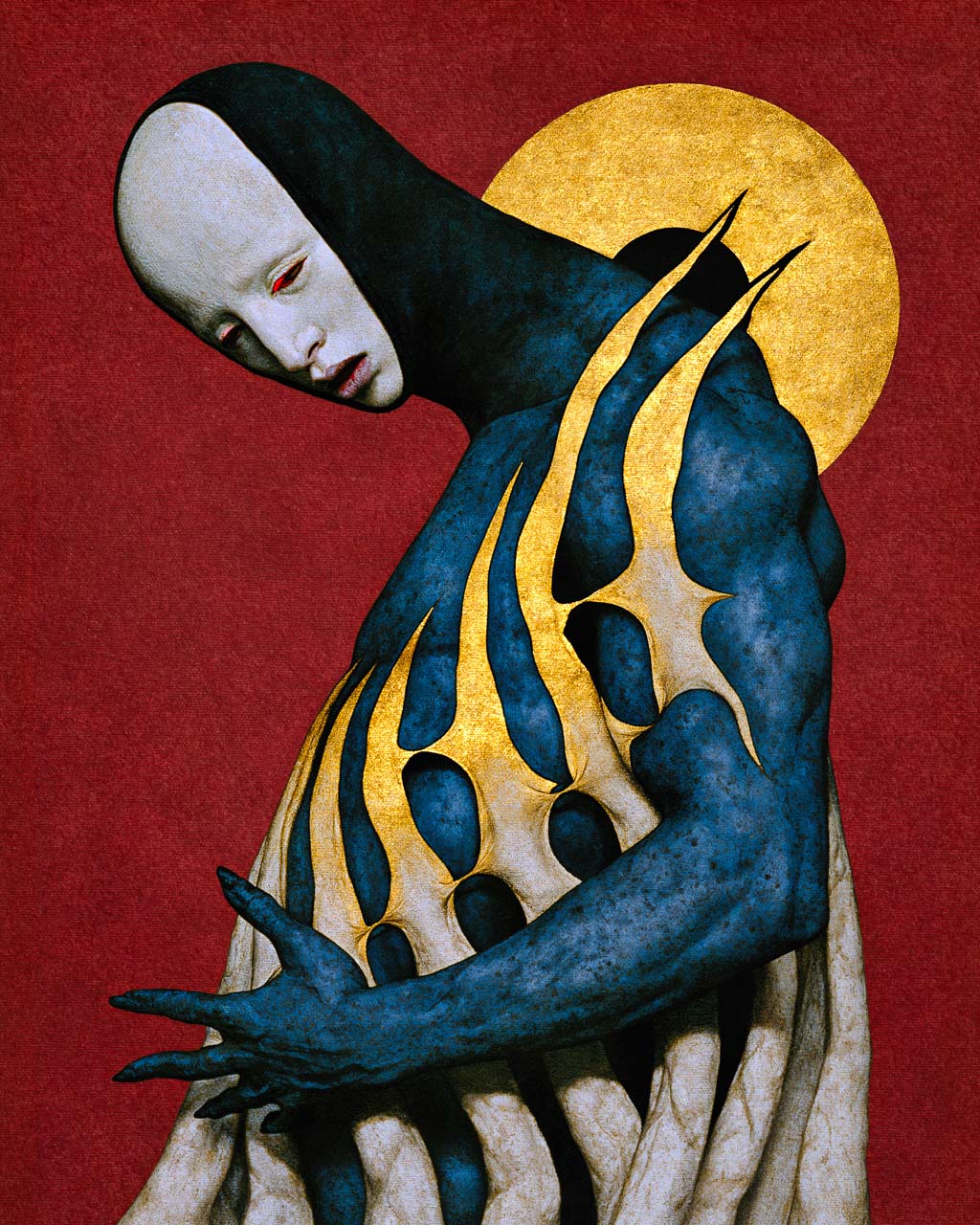 Numina – surreal art print featuring a pale-faced figure with a dark blue body, elaborate golden anatomical structures and a circular gold halo against a textured red background.