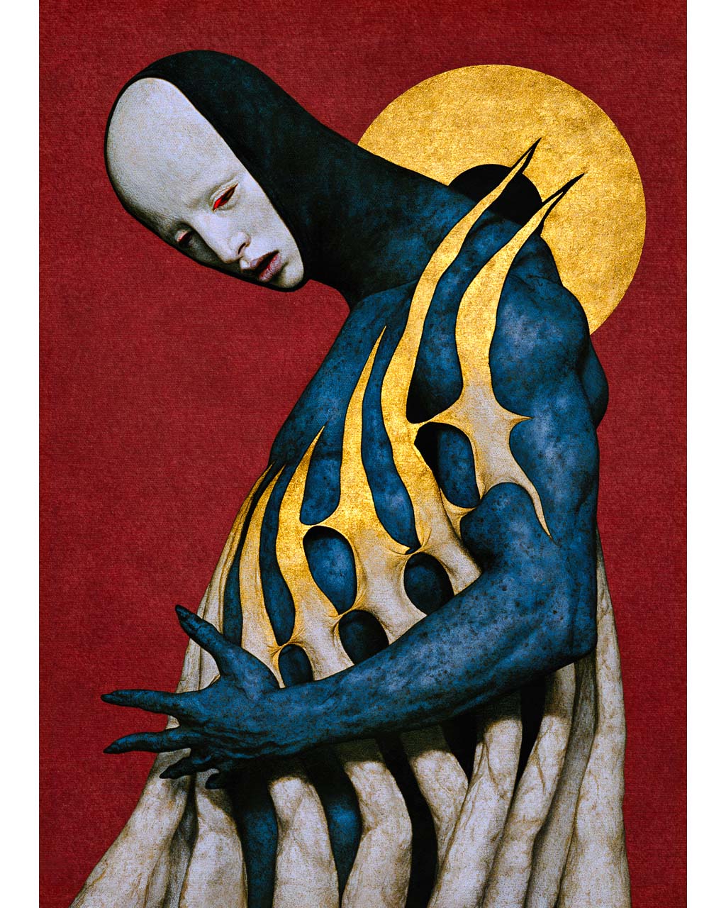 Numina – surreal art print featuring a pale-faced figure with a dark blue body, elaborate golden anatomical structures and a circular gold halo against a textured red background.