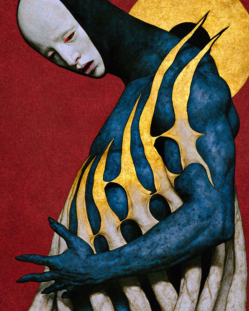 Close-up of Numina showing the pale face, textured blue skin and intricate golden structures growing across the figure's torso, with a gold halo against a deep red background.