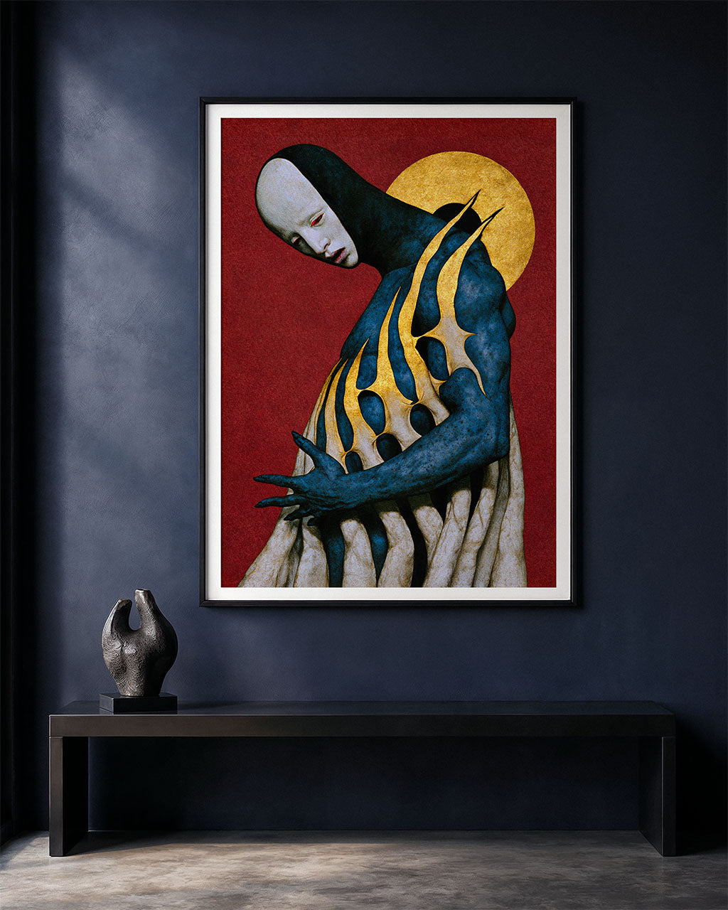 Numina surreal art print displayed in a black frame with a white border on a dark blue wall, above a minimalist black bench and sculptural decorative object.